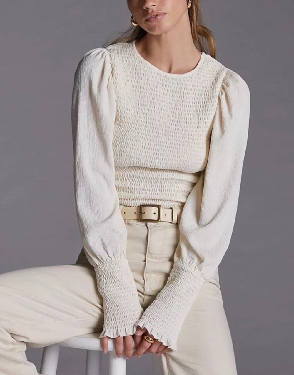 Anthropologie cream smocked bodice and sleeve shirt. M